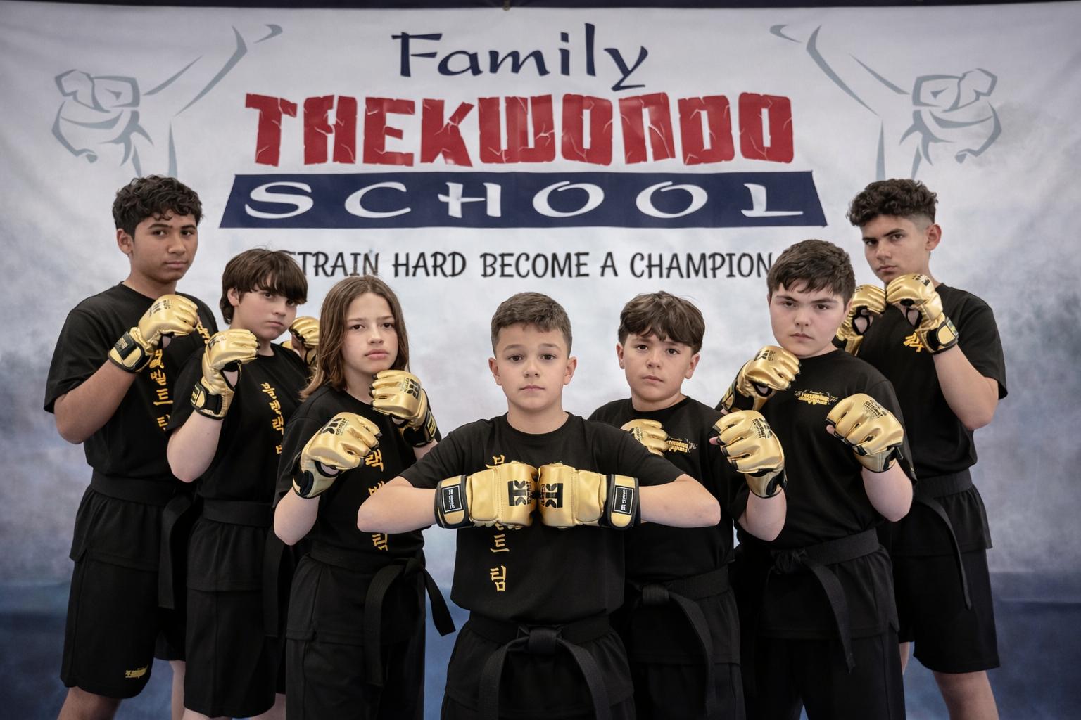 Family Taekwondo School Black Belt Team in fighting stance — Train Hard, Become a Champion